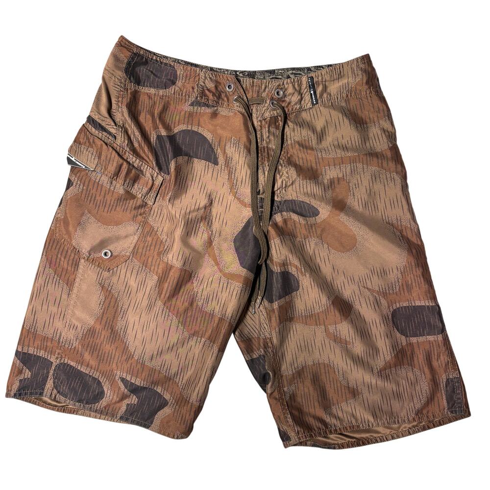 Volcom Mens Board Shorts Mens 31 Brown Camouflage Cargo Swim Trunks Surfing